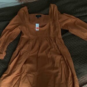 Rust Orange Long Sleeve Smocked Waist Dress